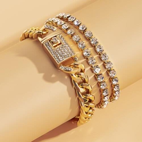 3pcs Vintage Punk Luxury Shiny Inlaid Rhinestones Cuban Buckle Women Anklet Retro Multilayer Chain Female Anklets Foot Jewelry