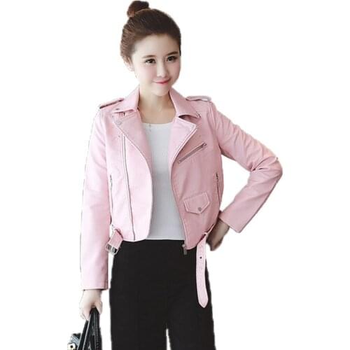 Autumn Winter New Fashion Brand Pink Blue Women Leather Jackets Soft Pu Faux Leather Coats Slim Short Design Motorcycle Outwear