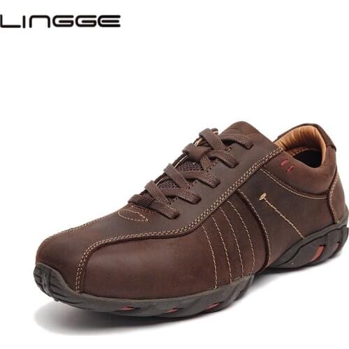 LINGGE Mens Shoes Full Grain Leather Vintage Lace Up Leather Casual Shoes 2018 Black Dress Shoes For Men #521