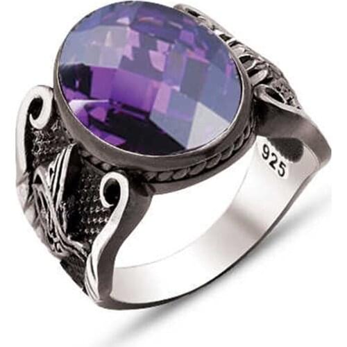 Silver Bevel Amethyst Gemstone Ottoman Crested Male Ring