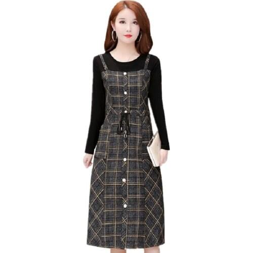 Autumn Women Dress New Fashion Long Sleeve Plaid Stitching Fake Two Dress Elegant Office Mid-Long Ladies Dresses Plus Size 6XL