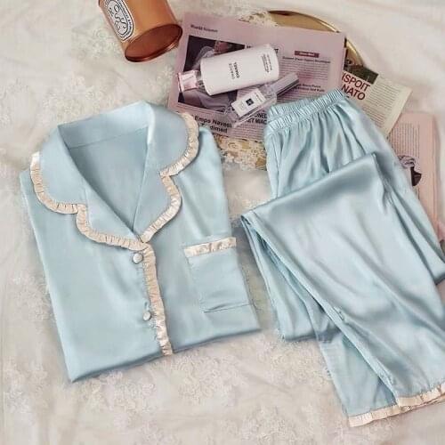 Plus Size Sleepwear Pajamas Set Women Roomwear Women 5XL Summer Satin Ruffled Turn-down Collar Sleepwear 2 Piece Home Suit Women