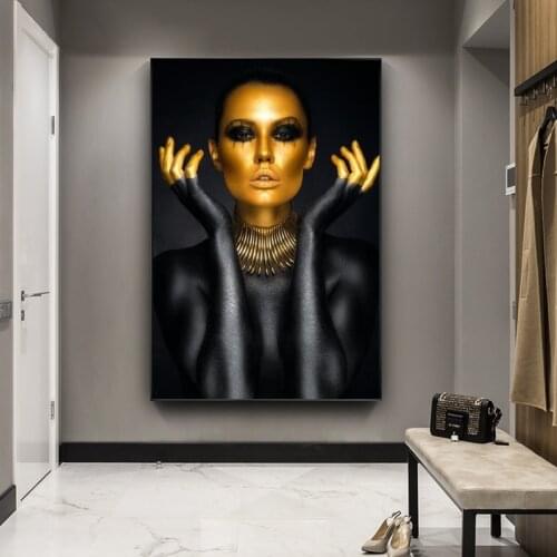 Sexy Nude Woman Portrait Canvas Paintings on The Wall Art Posters and Prints Black Gold Girl Pictures Home Wall Decor Cuadro