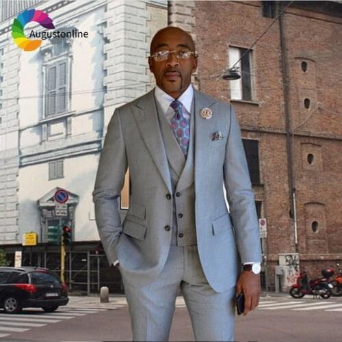 Gray Men Suits for Business Peaked Lapel 3 Pieces (Jacket+Pants+Vest) Wedding Groom Tuxedos Male Blazer Costume Homme Ternos