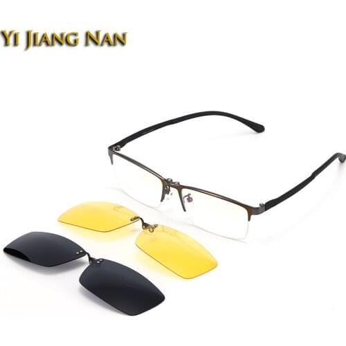 Men Magnetic Clip Polarized Sunglasses Prescription Glasses Frame Semi Rimmed Alloy Optical Driving Fishing Mujer Eyewear