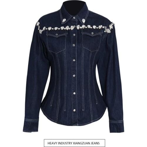 Womens jacket 2021 new heavy industry diamond-studded lapel long-sleeved single-breasted slim denim jacket women