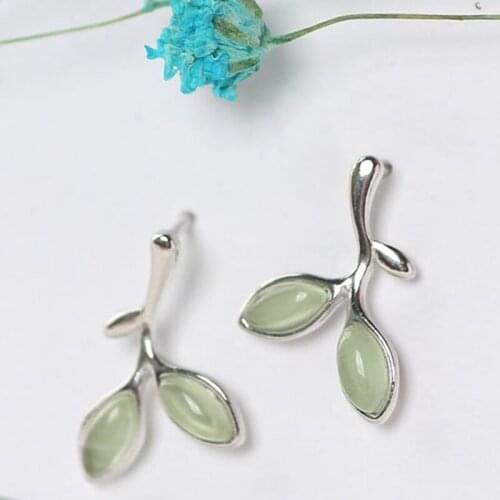 Silver Green Opal Leaves Buds Stud Earrings Women Prevent Allergy Fashion Jewelry Best Gifts Girls