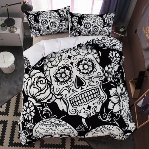 3Pcs Skeleton Bedding Black White Skull Bedding Set 100% Polyester Quilt Cover Set Floral Printed Gothic duvet cover sets