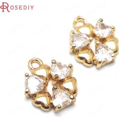 36436)6PCS 14x11MM 24K Champagne Gold Color Brass with Zircon Heart Shape Circle Charms Pendants High Quality Jewelry Findings