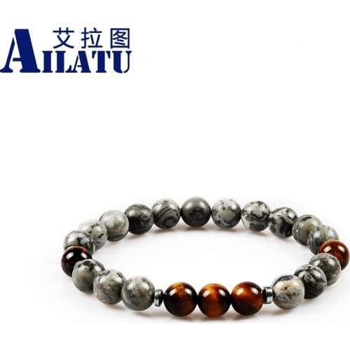 Ailatu Men' Favorite 8mm Tiger Eye Gem&White Howlite&Lava Stone Beads with Common Grey Picture Stone Beads Bracelets