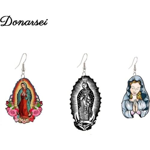 Donarsei Christian Virgin Mary Acrylic Earrings For Women Classic Mother Of God Drop Dangle Earrings Religious Jewelry