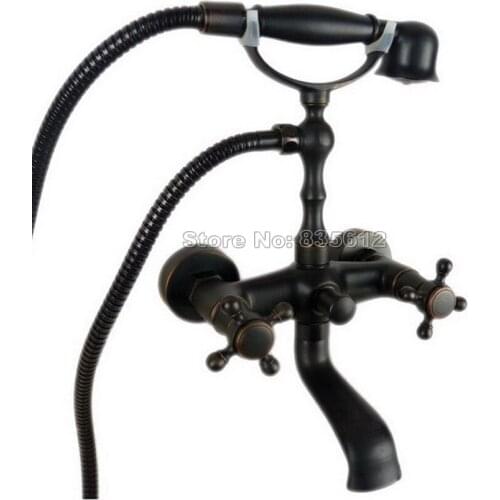 Black Oil Rubbed Bronze Wall Mounted Clawfoot Bathtub Faucet Set with Handheld Shower Dual Cross Handles Mixer Taps Wtf015