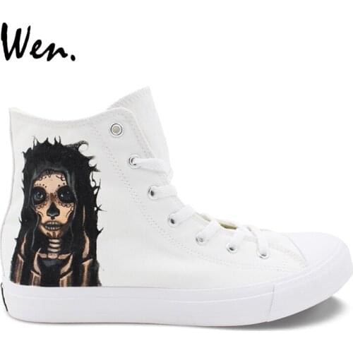 Wen Canvas White Shoes Custom Design Candy Skull Girl Hand Painted Shoes High Top Laced Men Womens Sneakers Skateboard Shoes