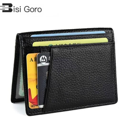 BISI GORO 2021 RFID Black Wallet Credit Card Holder Cow Leather Unisex Card Wallet High Quality Casual Purse Slim Mini Money Bag