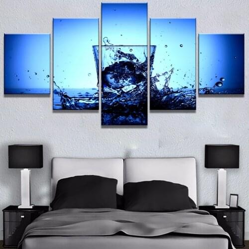 Modular Pictures Home Decor Wall Art 5 Pcs Blue Water Cup Splash Modern Canvas Prints Painting Minimalism Modern Bedroom Poster