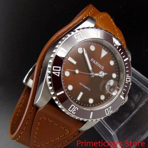 PARNIS 40mm brown dial leather strap sapphire glass automatic watch men ceramic bezel luxury classical creative design