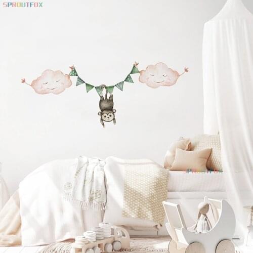 Cute Animal Monkey Wall Sticker for Kids Room Baby Boys Bedroom Clouds Decals Nursery Wallpaper Print Art Viny Home Decal