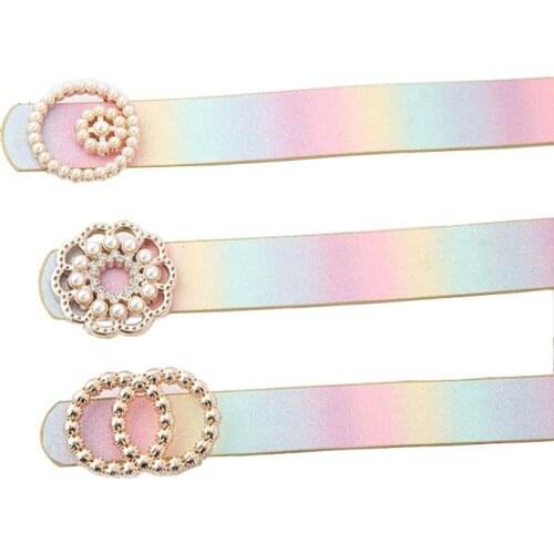 New Fashion Rainbow Pink Belt for Women Pu Leather Pearl Rhinestone Buckle Waist Belts Trouser Dress Female Wild Waistband