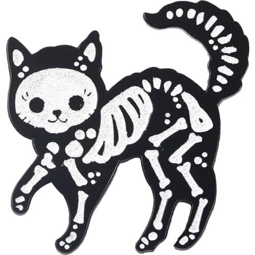 Clothes Lapel Pin Funny Animal Jewelry Gift For Friends Cat Skeleton Enamel Pin Punk Glitter Dark Cat Badge Brooch Bag