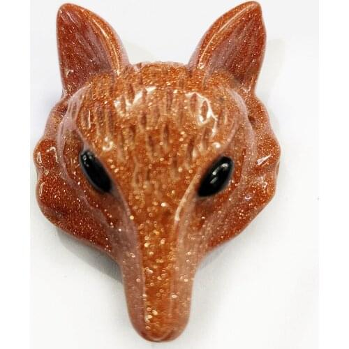 1Pcs 30x24x15mm Hand-Carved Brown Gold Sand Stone Fox Head Height Hole Pendant For DIY Jewelry Making Necklace Accessories