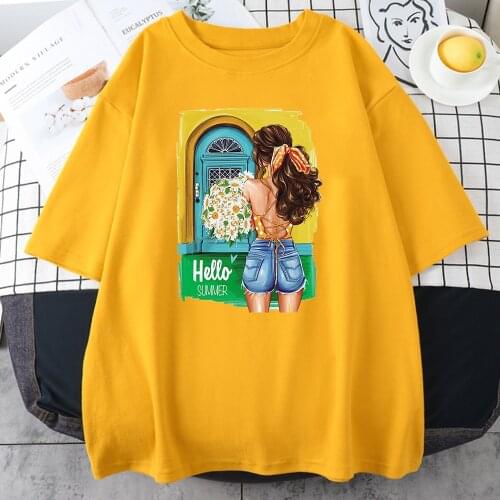 Hello Summer Beautiful Girl printed Tshirts Women Breathable Soft T-Shirts Fashion Loose Tops Cartoon Oversize T-Shirt Female
