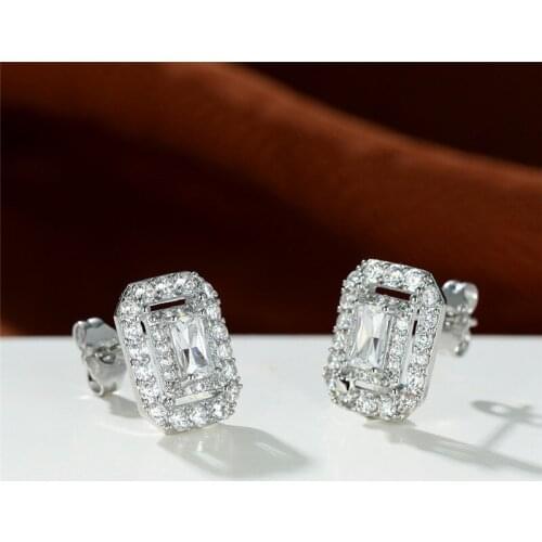 White Zircon Square Stone Earrings Charm Bride Silver Color Wedding Earrings Female Luxury Crystal Small Stud Earrings For Women