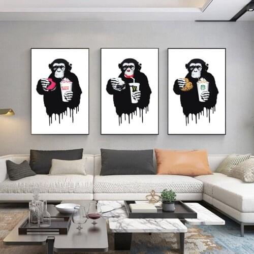 Monkey Eating Burger Modern Funny Art Picture Print On Canvas Home Living Room Decoration Wall Art Painting Poster