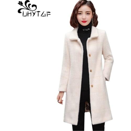 UHYTGF Coat Female Quality Gold Mink Fleece Autumn Winter Woolen Jacket Pure Color Wild Casual Womens Plus Size Outerwear 1073