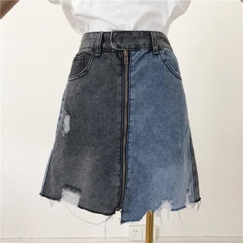 High Street Summer New Brand Hole Ripped Color Patchwork Womens Denim Skirts High Waist Slim Fit Casual Female A-Line Skirts