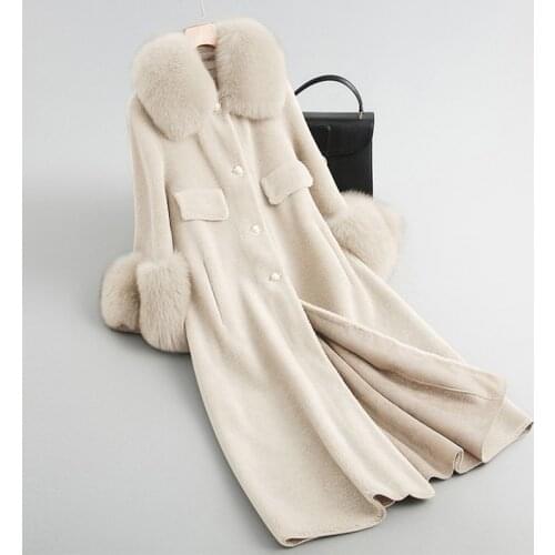2018 Autumn Luxury Natural Fox Fur Collar Women Jacket Real Wool Fur Coats Long Warm Sheep Shearling Winter Coat Jacket FP1440