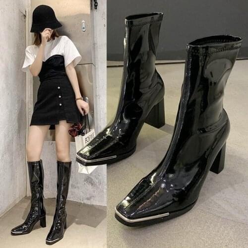 Womens boots autumn high-heeled knight boots thick heels boots patent leather metal square toe