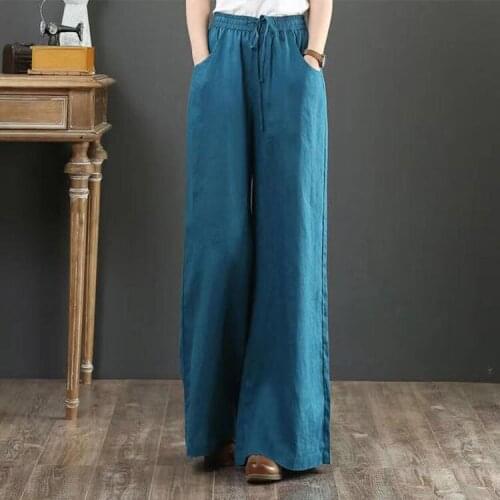 Women Pants Womens Solid Color Linen Elastic Waist Drawstring Casual Loose Women Pantalones De Mujer