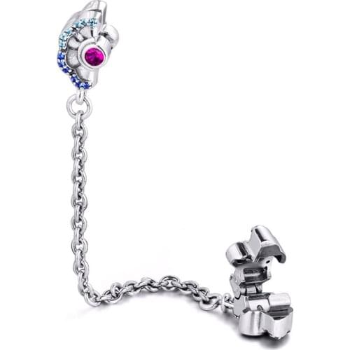 925 Sterling Silver Blue & Pink Fan Safety Chain Clip Charms Fits Bracelet 925 Silver Beads Charms for Jewelry Making 2020 New