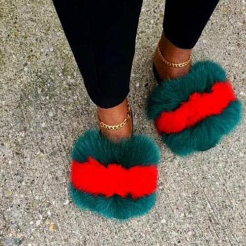 Ladies Winter Plush Slippers Girl Fluffy Real Fox hair Slides Womens Furry Flip Flops Indoor Warm Home Shoes Female Fur Sandals