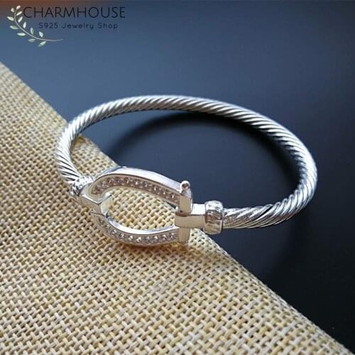 Sterling Silver Bangle & Bracelet For Women Horse Shoes Cable Wire Bangles with Cubic Zircon Cuff Wristband Jewelry Pulseras