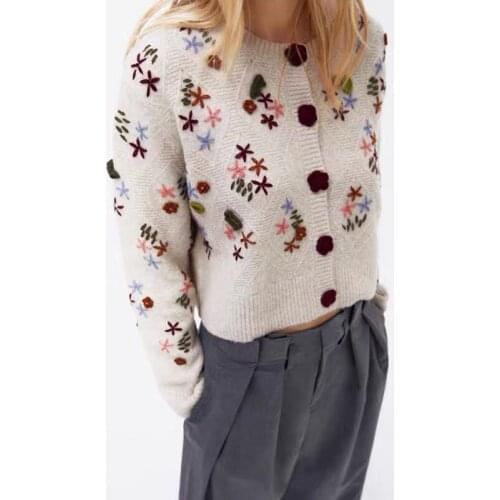 2021 Womens Sweaters O-neck Button Down Fashion Floral Embroidery Cardigans Chic Mujer Autumn Crocheted Knitted Sweater Tops