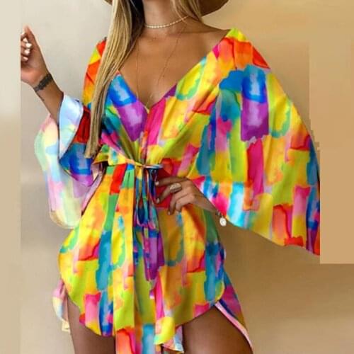 2021 Women Sexy Deep V Neck Loose Irregular Party Dress Autumn 3/4 Batwing Sleeve Boho Mini Dress Spring Lace-up Mini Dress Belt