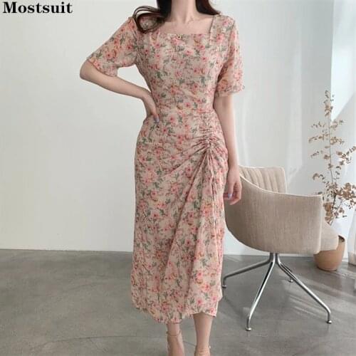 Summer Elegant Korean Dress Women Short Sleeve Square Collar Folds Draw String Slim Chic Bodycon Floral Dresses 2021 Ropa Mujer