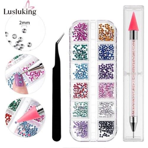 12 Grids Crystal Nail Art Decoration Studs Tweezers Drill Pen Set Gold Silver Colorful Strass Jewelry DIY 3D Charms Accessories