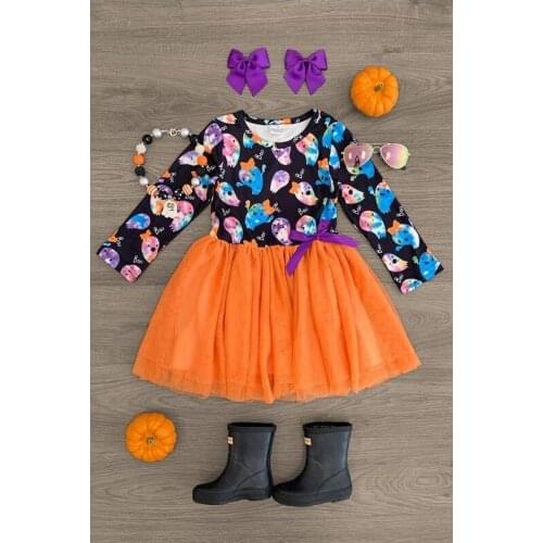 FOCUSNORM Halloween Kids Girls Lovely Dress 1-6Y Cartoon Animal Lace Patchwork Long Sleeve Knee Length Tutu Dress