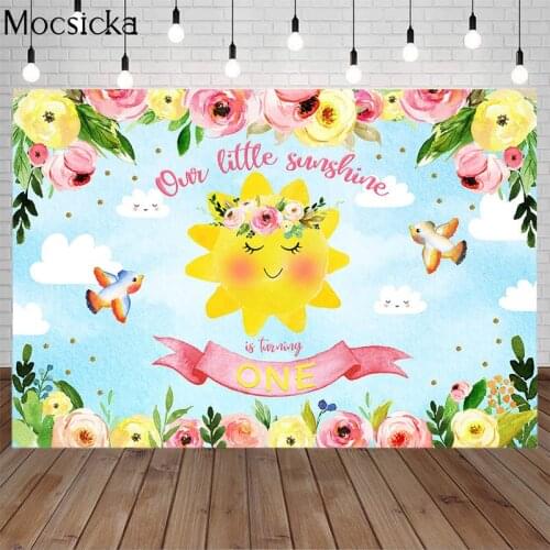 Happy 1th Birthday Backdrop Little Sunshine is Turning One Photography Background Watercolor Flowers Bird Decorations Banner