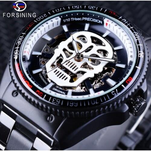 Forsining Clock Sport Series Skull Luminous Design Black Stainless Steel Skeleton Watch Mens Automatic Watches Top Brand