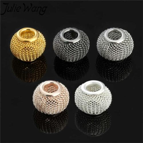 Julie Wang 10PCS Mesh Net Beads Big Hole Round Ball Metal Spacer Beads European Bracelet Necklace Jewelry Making Accessory