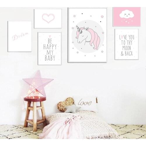 Modern Sweet Pink Unicorn Girl Style Canvas Painting Nursery Decor Wall Art Posters Prints Picture Gift Baby Interior Home Decor