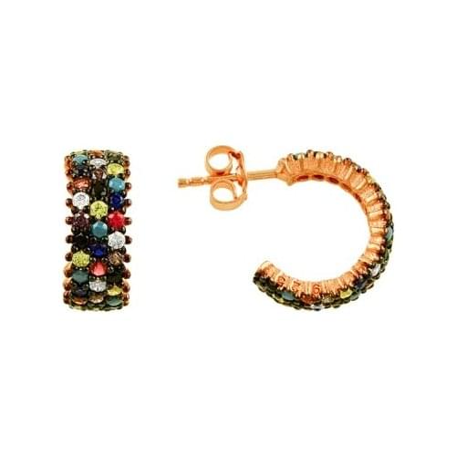 KUTAYDAN Rose Plated 3 Row Mixed Color Zircon Stone Tamtur Earrings 925 Sterling Silver