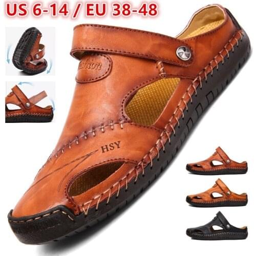Mens Fashion Casual Shoes Genuine Leather Sandals Outdoor Flat Beach Sandals Breathable Loafers Plus Size 38-48