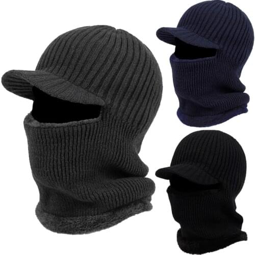 Men Winter Knitted Balaclava Beanie Hat with Windproof Visor Thermal Plush Lining Neck Warmer Cycling Ski Mask Hood Cap