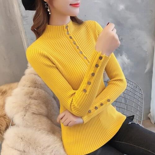Solid Half Womens Turtleneck Jumpers Slim Long Sleeve Ladies Knitted Sweater with Buttons Thin Elastic Female Pullovers Outwear