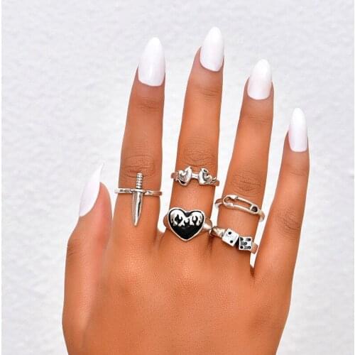 Punk Fire Love Heart Paper Clip Sword Dice Rings Set Fashion Trend Personality Rings for women men party jewelry accessories