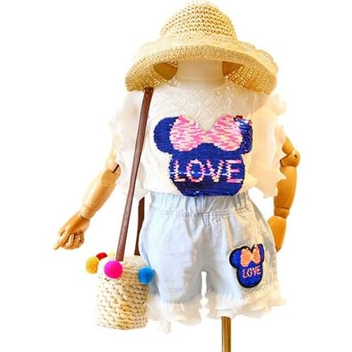 Baby Girls Sequins Lace T shirt Chiffon Shorts Jeans Pants Clothes Set Summer Children Kids Denim Sets 2-7Y Kids Clothing